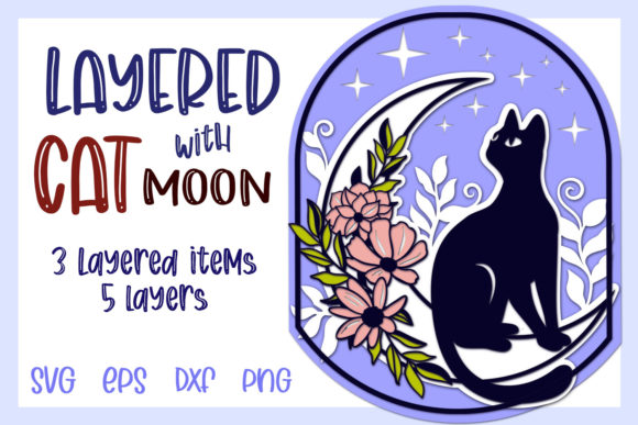 Cat with Moon - 3 Layered Items: A 3D SVG Shadow Box for Whimsical Branding