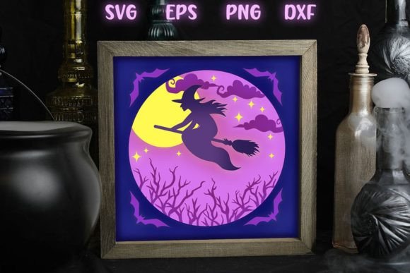 Flying Witch Shadow Box – 4 SVG Layers: Halloween Magic for 3D SVG and Shadow Box Design Projects