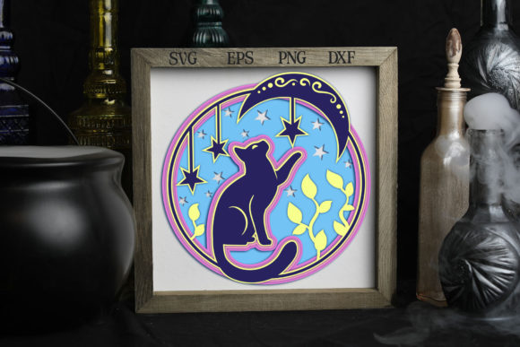 Layered Cat Catching Stars 3D SVG for Shadow Box Creations